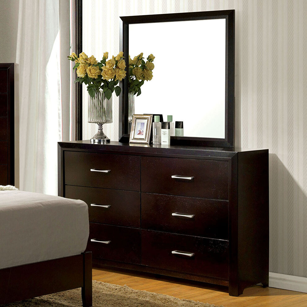 Generous storage and silver hardware accents dresser by Furniture of America