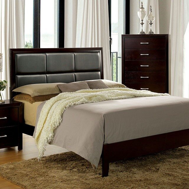 Biscuit-style design padded espresso leatherette headboard king bed by Furniture of America