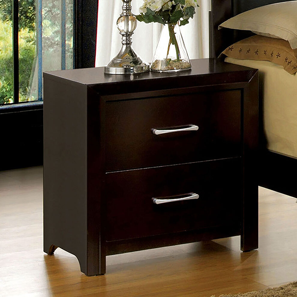 Generous storage and silver hardware accents nightstand by Furniture of America