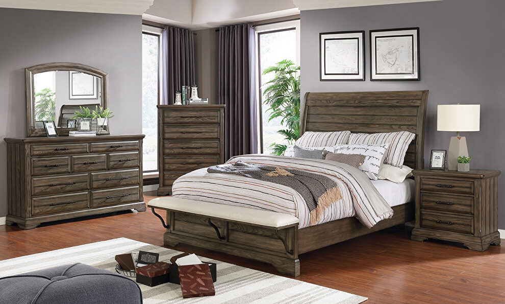 Light walnut wire-brushed finish transitional bed by Furniture of America