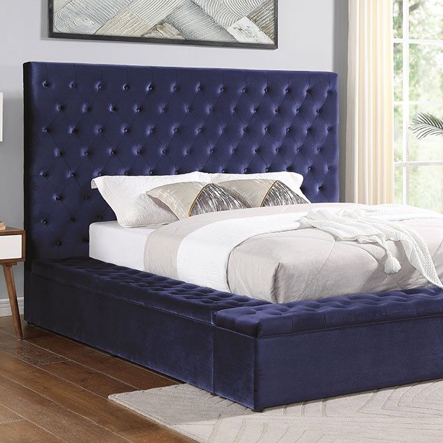 Storage button tufted blue fabric contemporary king bed by Furniture of America