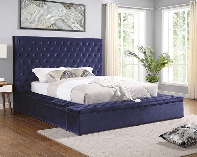 Storage button tufted blue fabric contemporary bed by Furniture of America