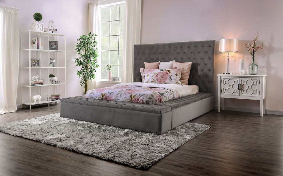 Storage button tufted gray fabric king bed by Furniture of America