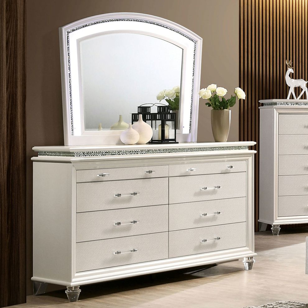 Pearl white dresser w/ crystal & mirror accents by Furniture of America