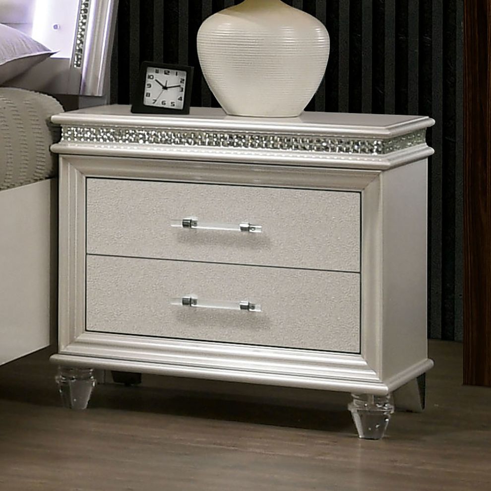 Pearl white nightstand w/ crystal & mirror accents by Furniture of America