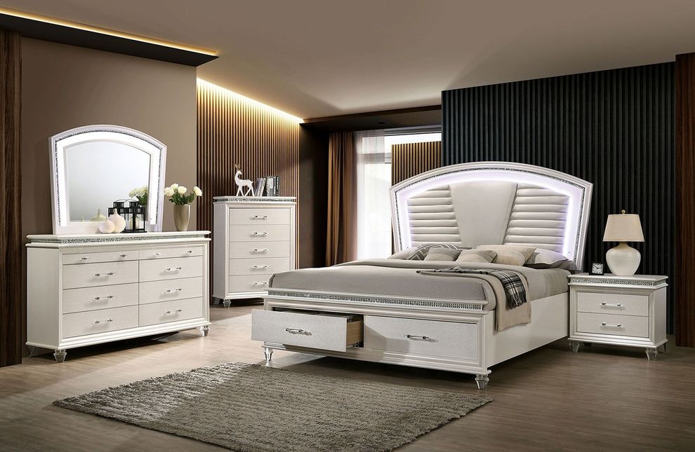 Pearl white bedroom w/ crystal & mirror accents by Furniture of America