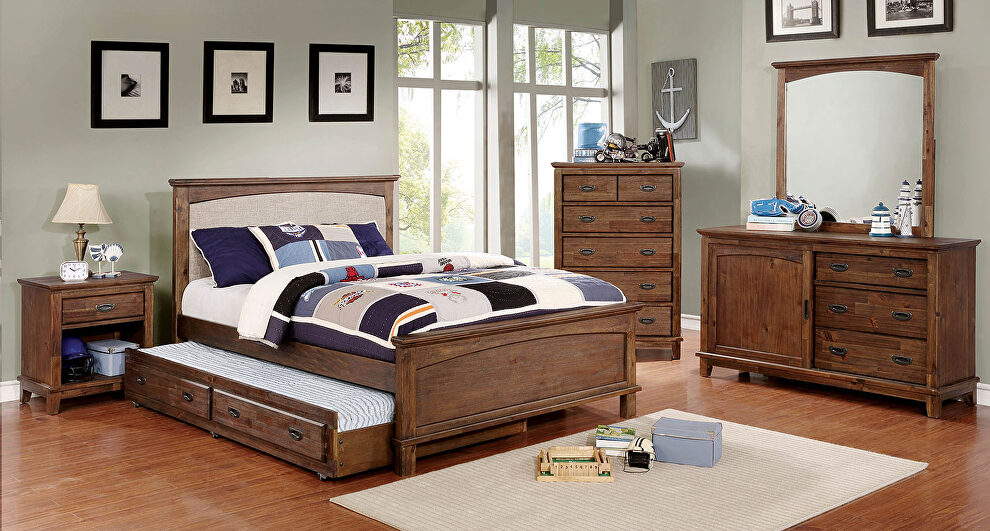 Padded headboard dark oak youth bedroom by Furniture of America