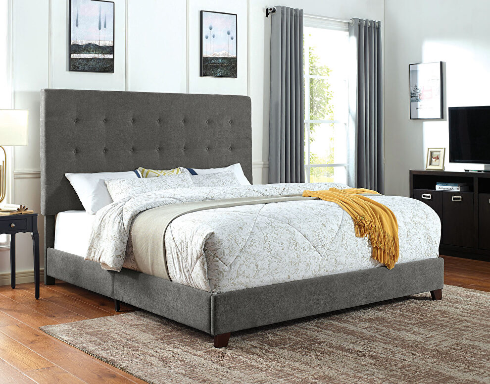 Gray fabric button tufted headboard bed by Furniture of America