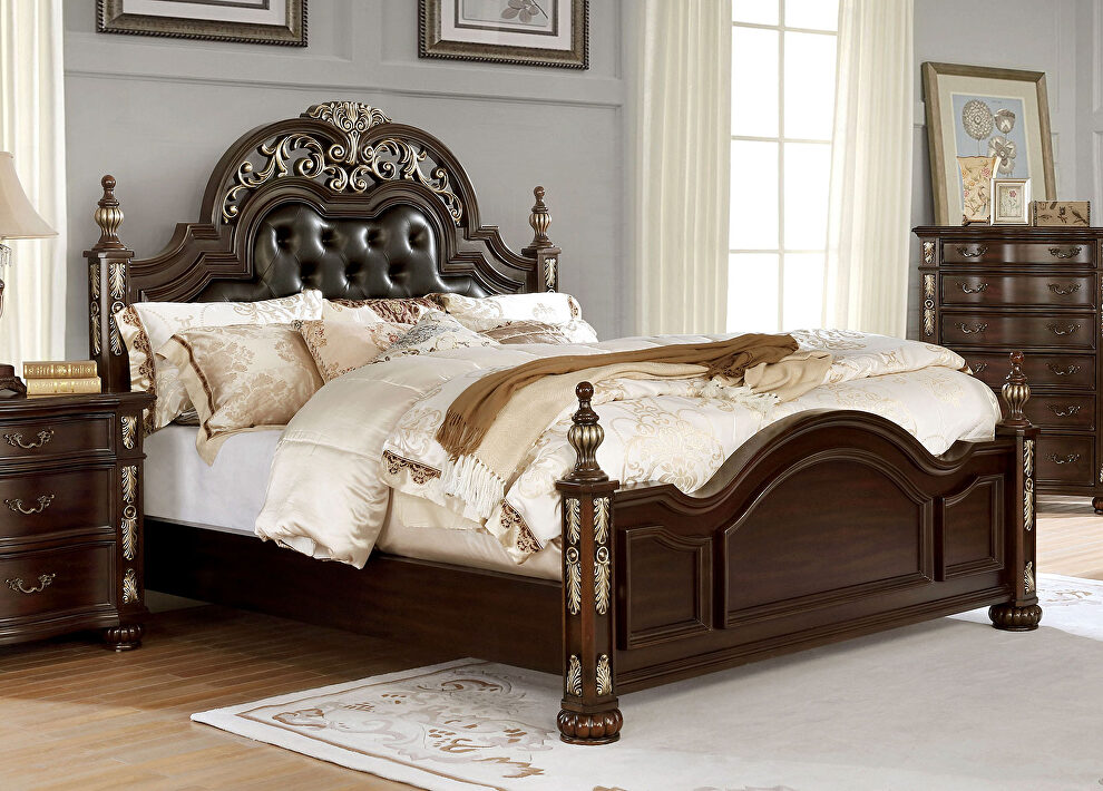 Brown cherry/ espresso button tufted padded headboard king bed by Furniture of America