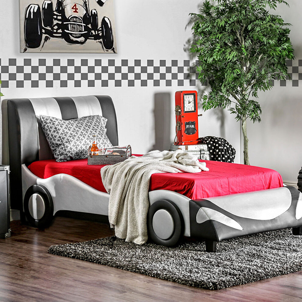 Silver/ black finish race car design bed by Furniture of America