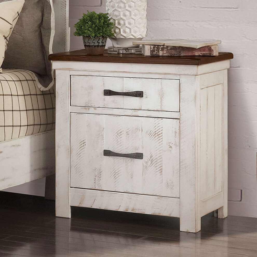 Distressed white/ walnut plank design transitional nightstand by Furniture of America