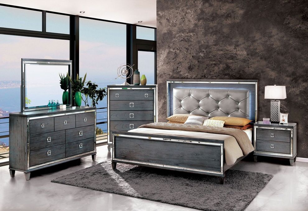 Gray contemporary style king bed w/ mirrored accents by Furniture of America