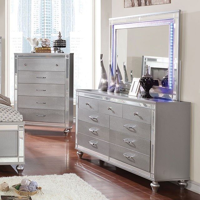 Silver crocodile-textured detail contemporary dresser by Furniture of America