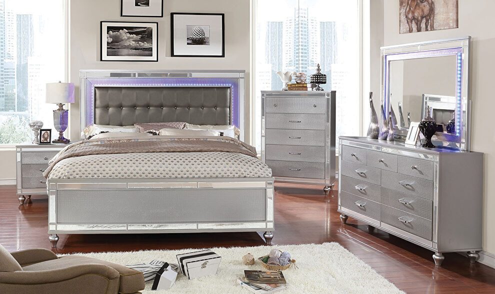 Silver crocodile-textured detail contemporary bed by Furniture of America