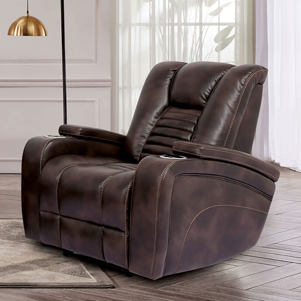 Rich dark brown faux leather power recliner chair by Furniture of America