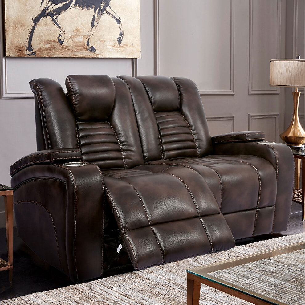 Rich dark brown faux leather power recliner loveseat by Furniture of America