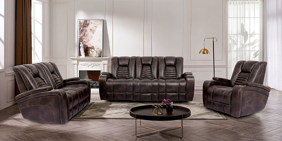 Rich dark brown faux leather power recliner sofa by Furniture of America