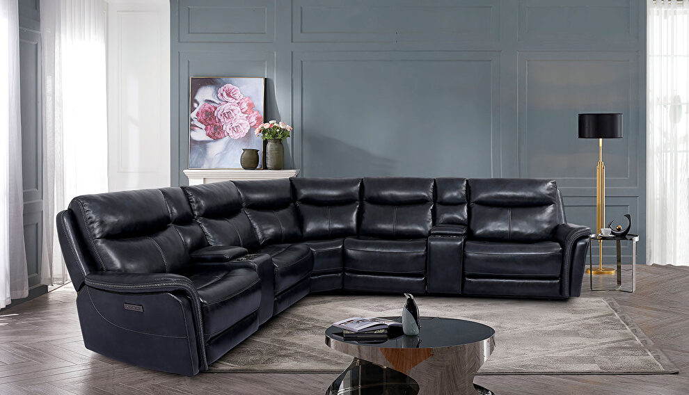 Sleek design dark navy grain leather power recliner sectional sofa by Furniture of America