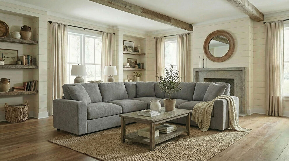 Light gray transitional style fabric sectional couch by Furniture of America