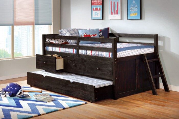 Wire-brushed black loft-style design twin bed by Furniture of America