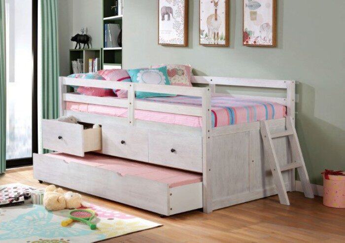 Wire-brushed white loft-style design twin bed by Furniture of America