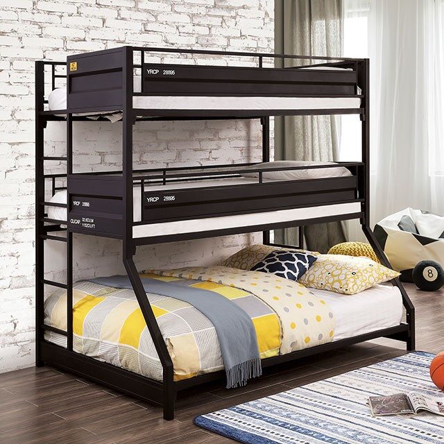 Industrial design twin/twin/full bunk bed in black finish by Furniture of America