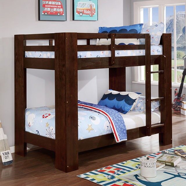 Wire-brushed dark walnut solid wood twin/twin bunk bed by Furniture of America