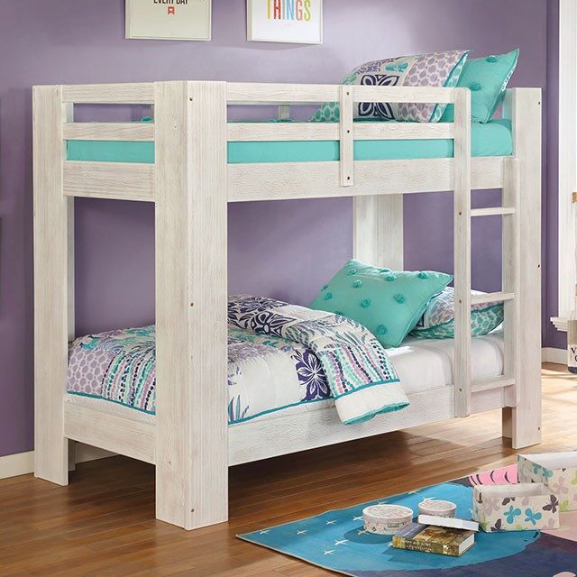 Wire-brushed white solid wood twin/twin bunk bed by Furniture of America