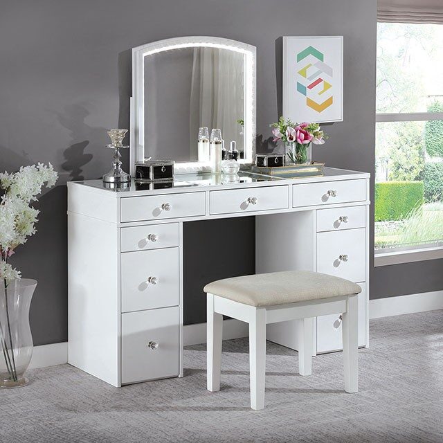 White contemporary mirror style vanity and stool set by Furniture of America