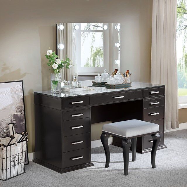 Obsidian gray glam mirror style vanity and stool set by Furniture of America