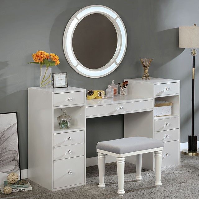 Luminous white glam mirror style vanity and stool set by Furniture of America