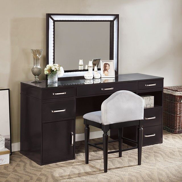 Obsidian gray rectangular mirror style vanity and stool set by Furniture of America
