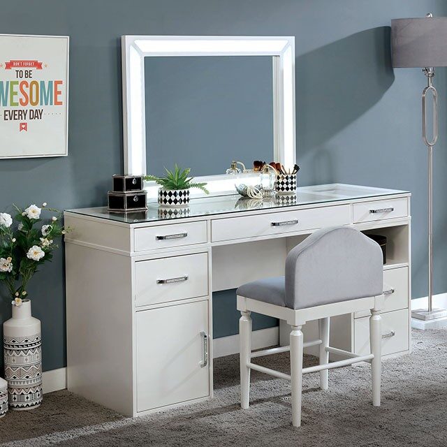 Luminous white rectangular mirror style vanity and stool set by Furniture of America