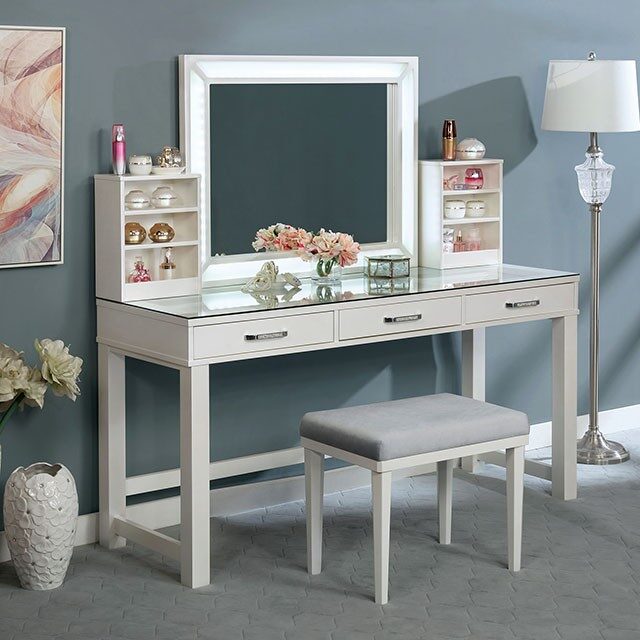 Luminous white glam mirror style vanity and stool set by Furniture of America