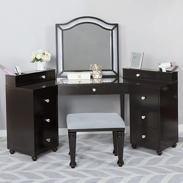 Obsidian gray glam mirror style vanity and stool set by Furniture of America