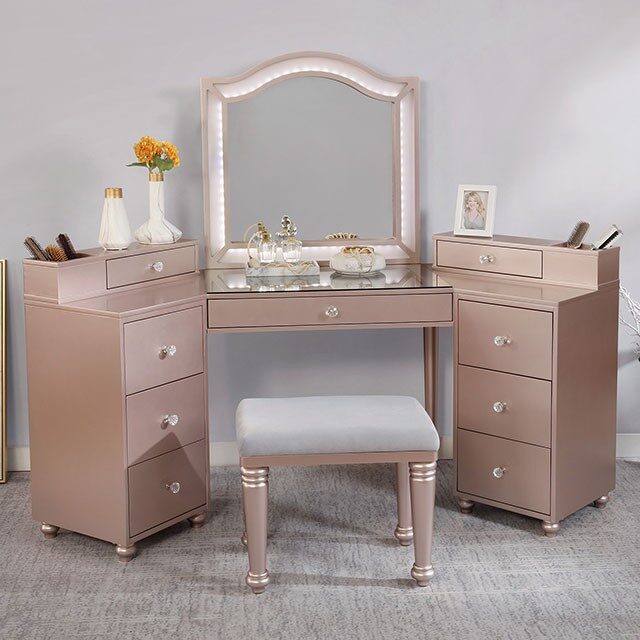 Tiffany blush glam mirror style vanity and stool set by Furniture of America