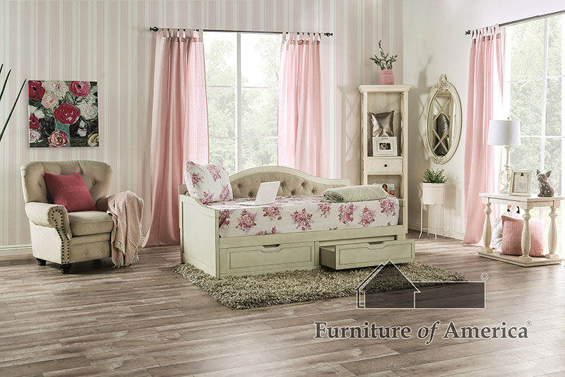 Button-tufted design daybed in antique white finish with two drawers by Furniture of America