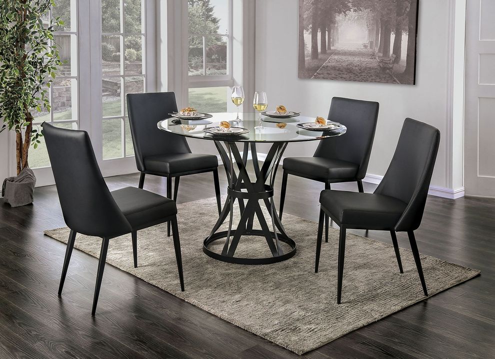 Black steel frame / round glass top dining table by Furniture of America