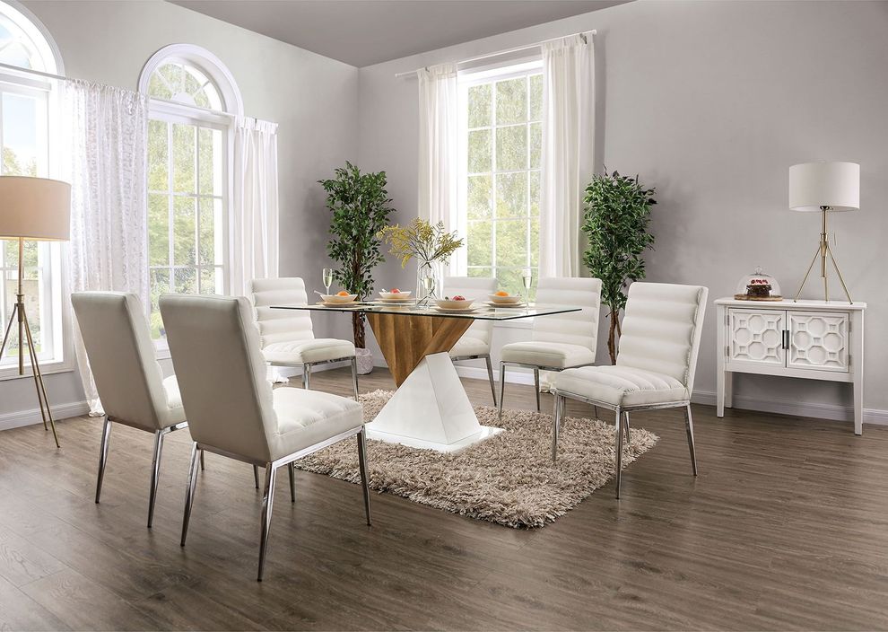 Glass top white/natural wood contemporary dining table by Furniture of America
