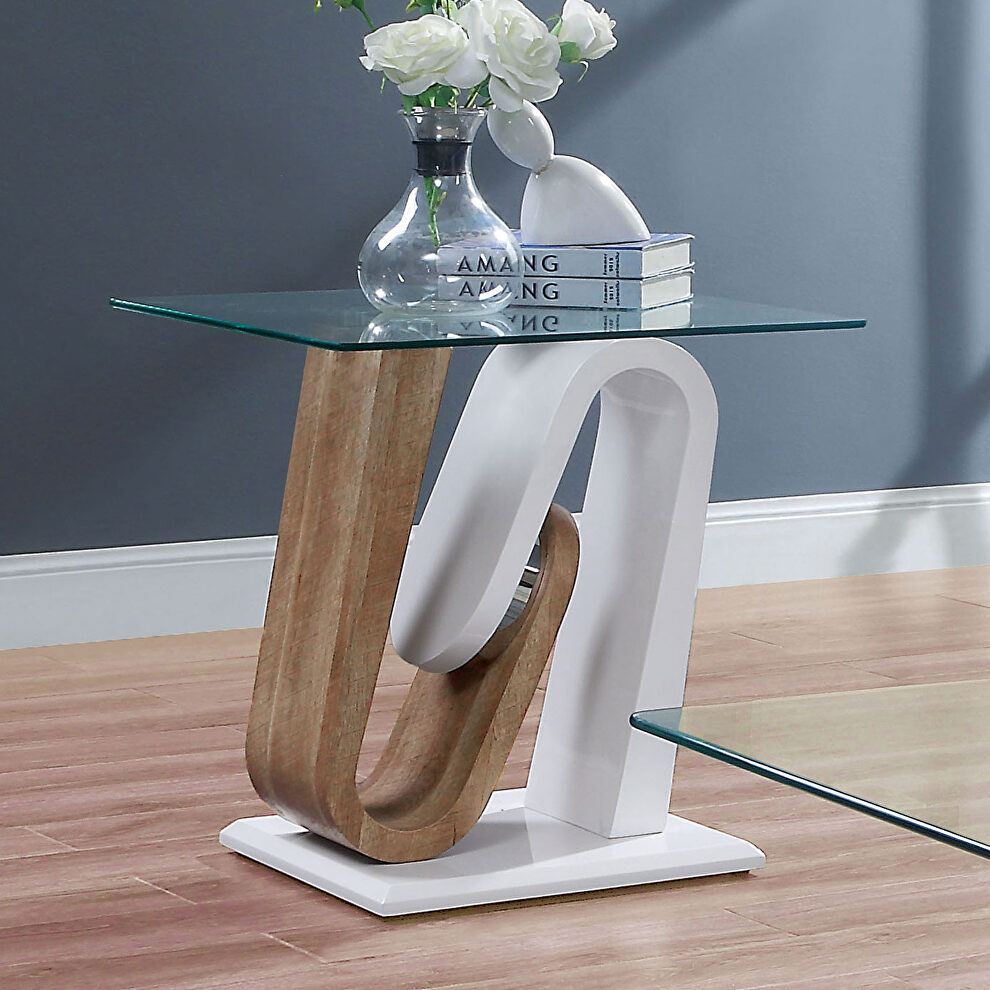 Natural wood / white glass top end table by Furniture of America
