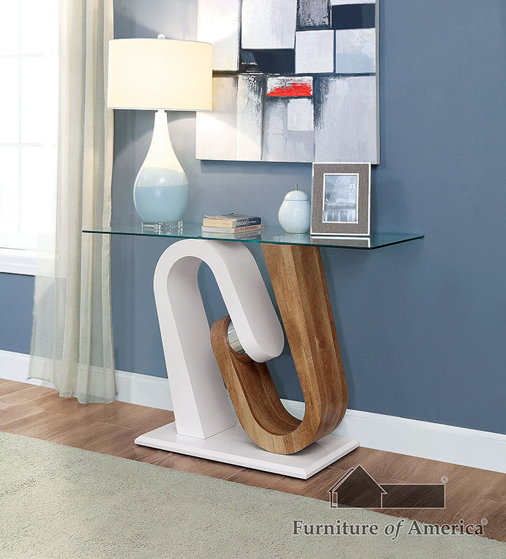 Natural wood / white glass top sofa table by Furniture of America