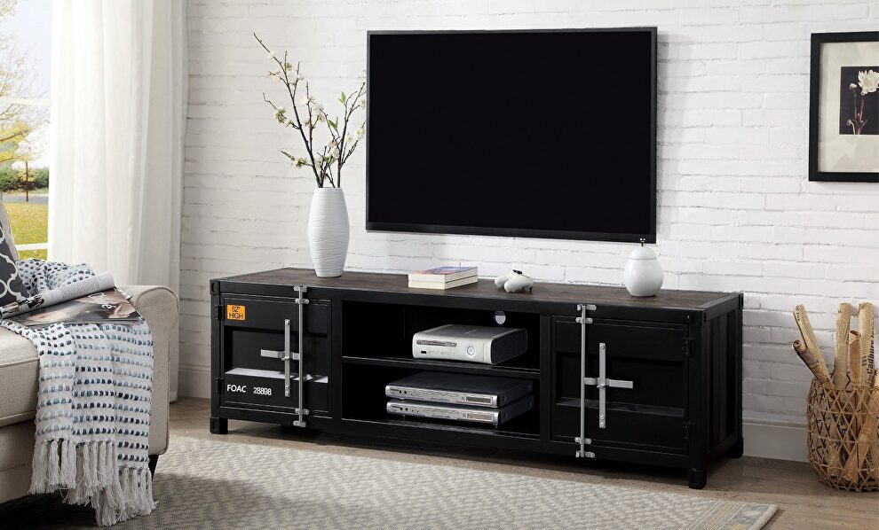 Metal frame construction and distressed dark oak TV stand by Furniture of America