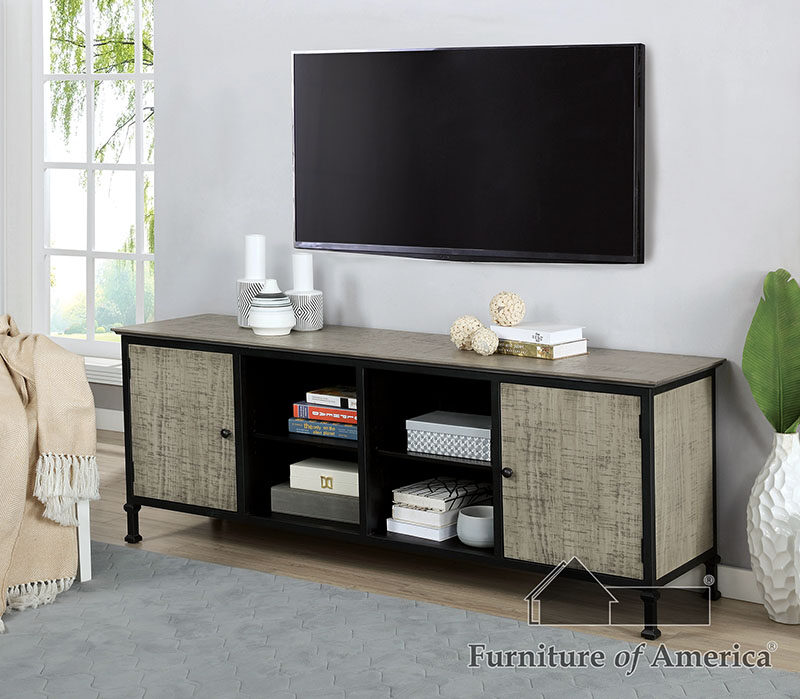Two-tone finish metal and wood veneer TV stand by Furniture of America
