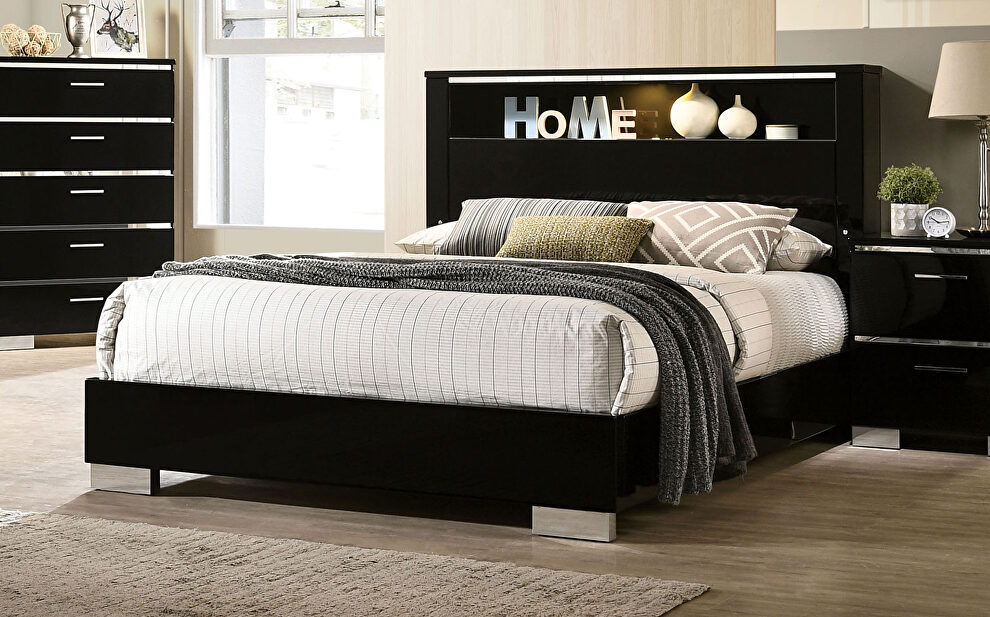 Black/ chrome high gloss lacquer coating king bed by Furniture of America