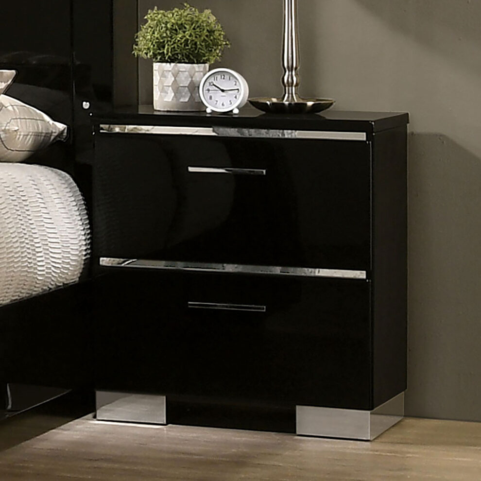 Black/ chrome high gloss lacquer coating nightstand by Furniture of America