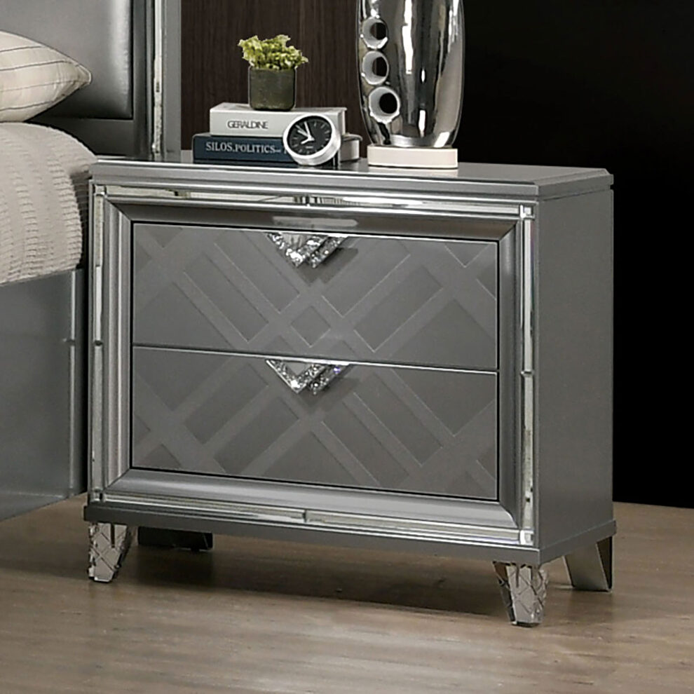 Silver embossed art deco pattern w/ mirror trims nightstand by Furniture of America