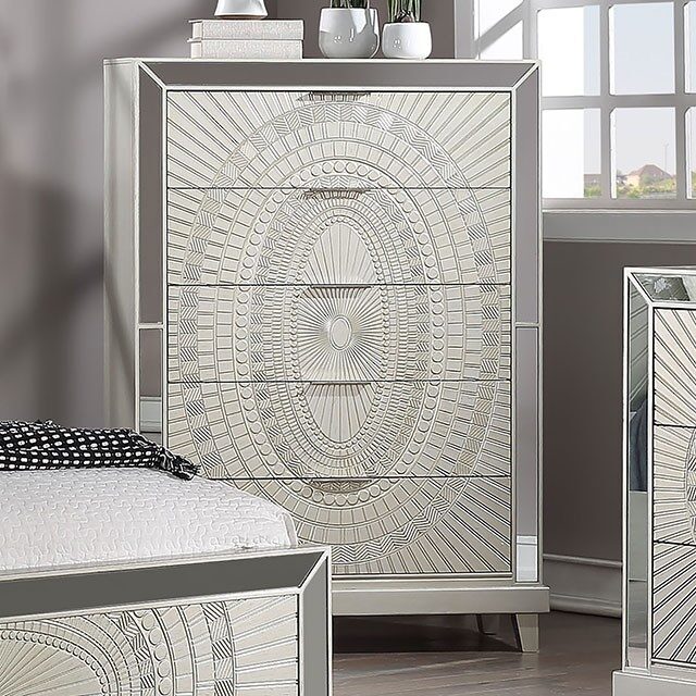 Champagne decorative pattern glam style chest by Furniture of America