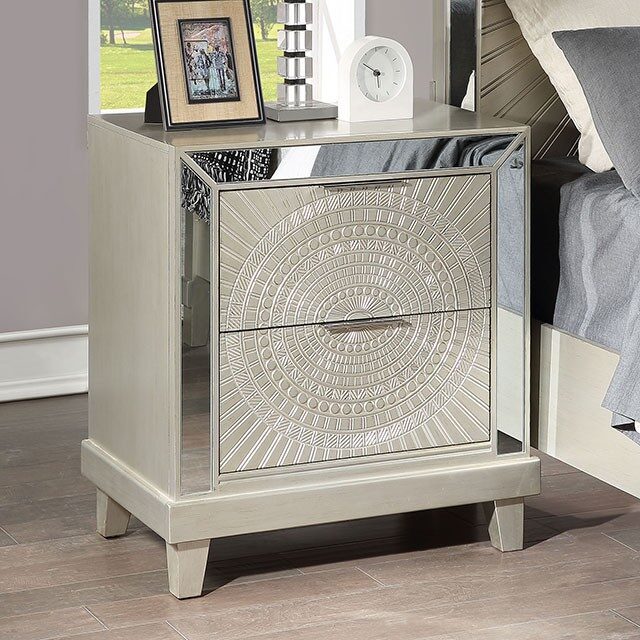 Champagne decorative pattern glam style nightstand by Furniture of America