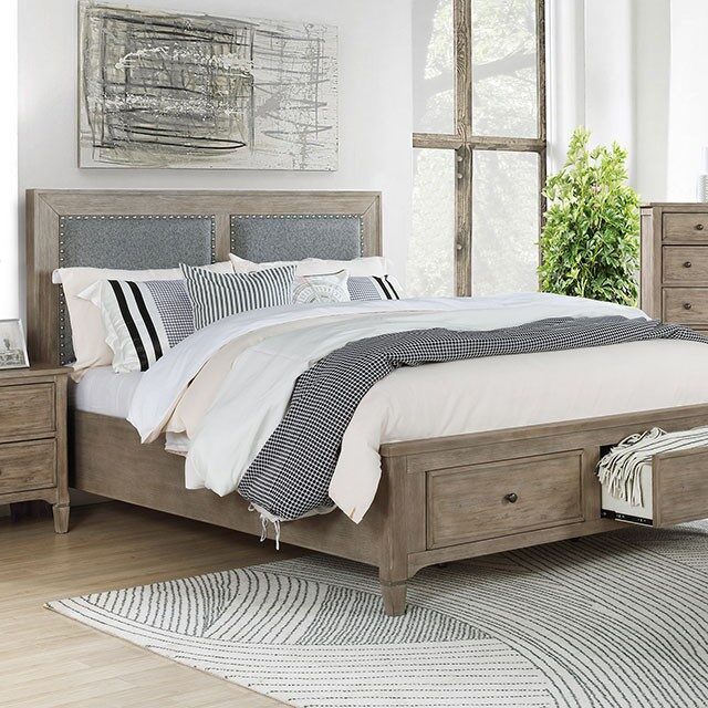 Wire-brushed warm gray transitional style platfrom king bed by Furniture of America