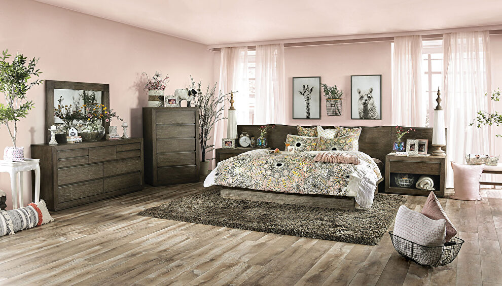 Light walnut textured wood grain transitional bed by Furniture of America